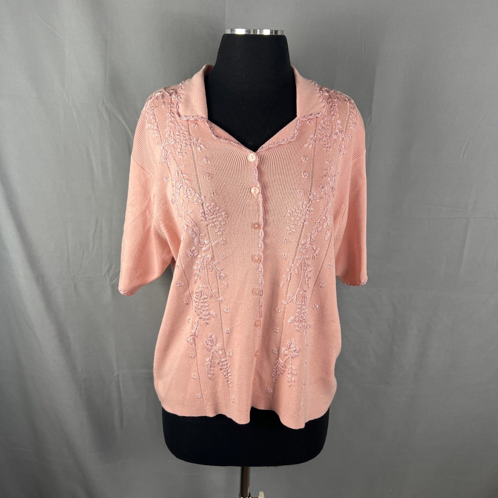 Alfred Dunner Cardigan Sweater Women Medium Pink Floral Embroidered Short Sleeve